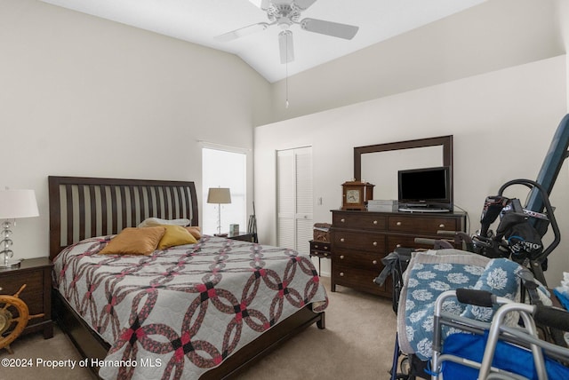 8016 Bellevista Ct, Spring Hill, FL 34606 - bedroom with carpet floors, a closet, high vaulted ceiling, and ceiling fan