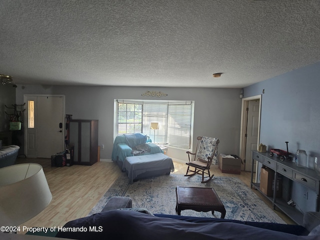 living room featuring light hardwood / wood-style floors and a textured ceiling