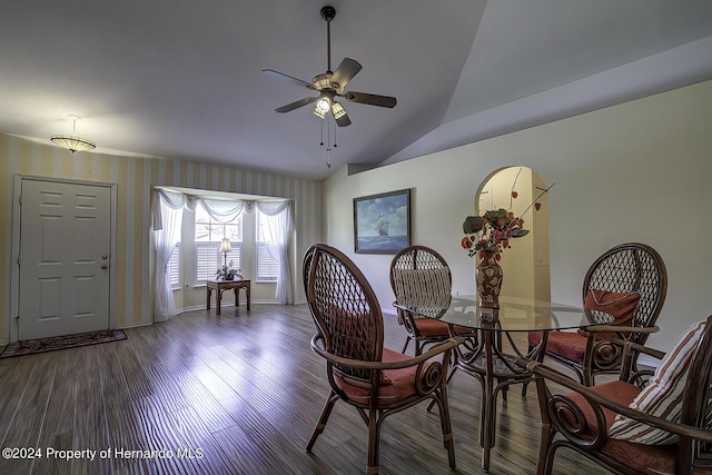 3472 Hartley Rd, Spring Hill, FL 34606 - dining space featuring a ceiling fan, wood finished floors, baseboards, and lofted ceiling