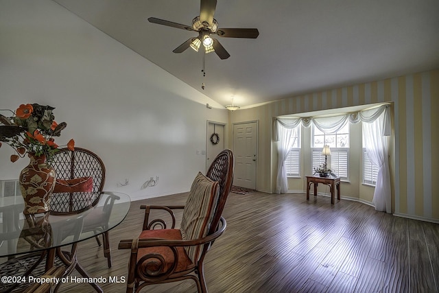 3472 Hartley Rd, Spring Hill, FL 34606 - sitting room featuring lofted ceiling, a ceiling fan, baseboards, and wood finished floors