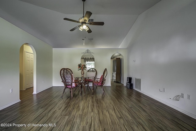 3472 Hartley Rd, Spring Hill, FL 34606 - dining area featuring arched walkways, wood finished floors, a ceiling fan, and baseboards