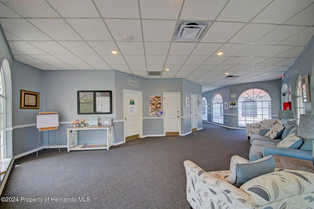 carpeted living room with a paneled ceiling