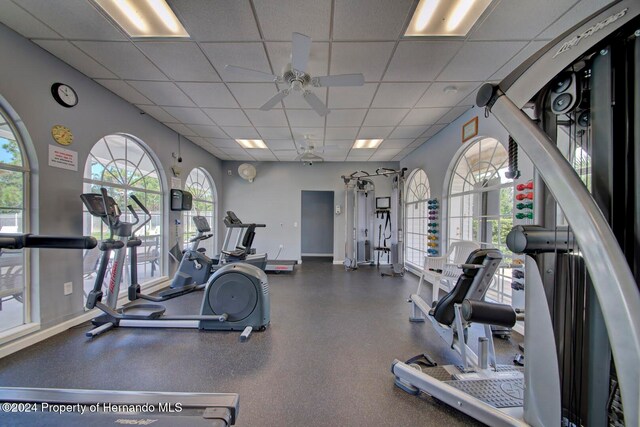 gym with a paneled ceiling and ceiling fan