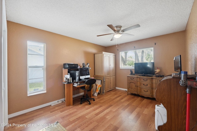 8227 Rhanbuoy Rd, Spring Hill, FL 34606 - office featuring light wood-style flooring, a ceiling fan, and a textured ceiling