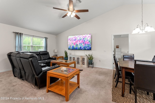 living room with ceiling fan with notable chandelier, light carpet, and high vaulted ceiling