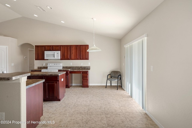 kitchen featuring hanging light fixtures, white appliances, light tile patterned flooring, and lofted ceiling