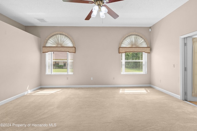 carpeted spare room with a textured ceiling, ceiling fan, and plenty of natural light