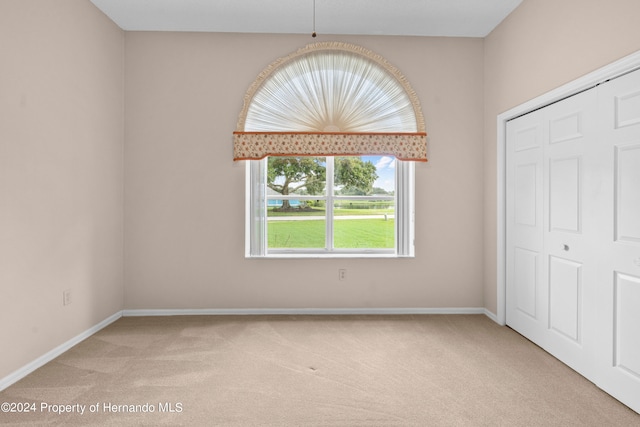 unfurnished bedroom featuring light colored carpet and a closet