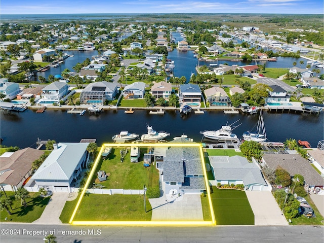 aerial view featuring a water view