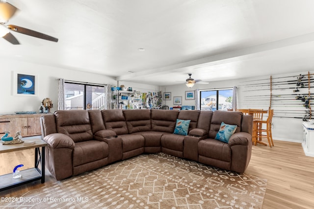 living room with hardwood / wood-style flooring and ceiling fan