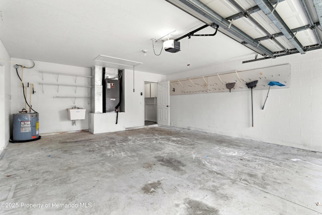 garage with heating unit, a garage door opener, and water heater