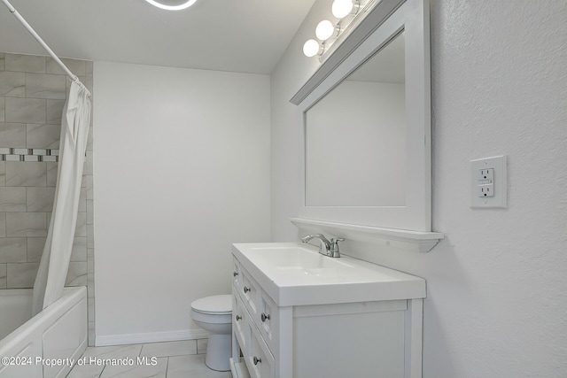 full bathroom with tile patterned flooring, vanity, toilet, and shower / bath combination with curtain