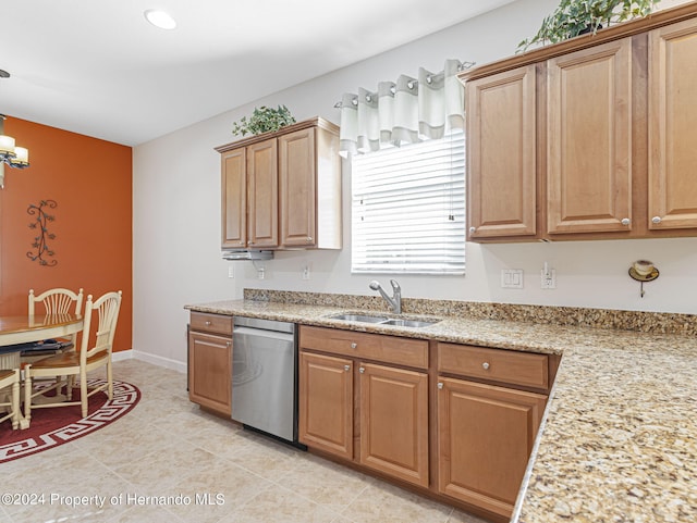 kitchen featuring light tile patterned flooring, a notable chandelier, light stone countertops, sink, and dishwasher