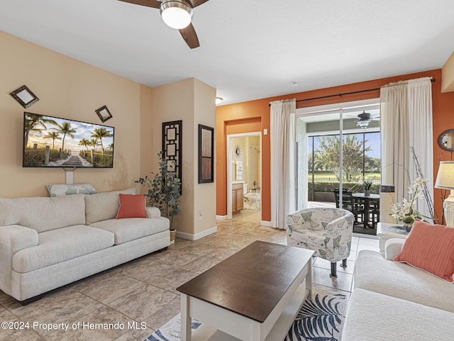 living room with ceiling fan