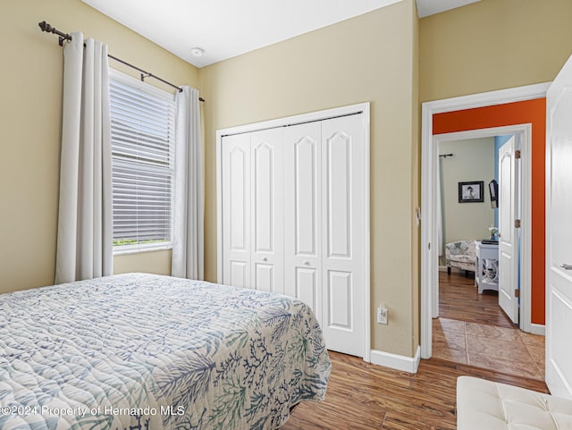 bedroom with wood-type flooring and a closet