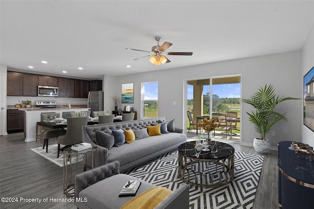 living room featuring ceiling fan and dark hardwood / wood-style flooring