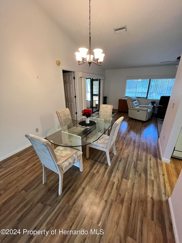 dining area featuring plenty of natural light, a chandelier, and dark hardwood / wood-style flooring