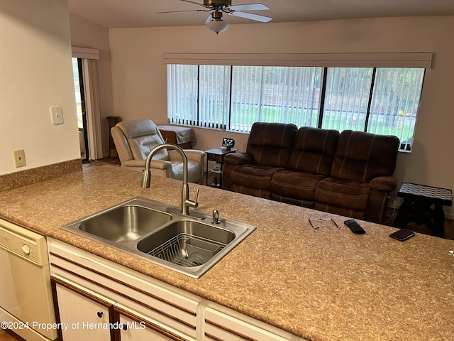 kitchen with white dishwasher, ceiling fan, and sink