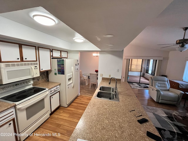 kitchen featuring tasteful backsplash, white cabinetry, sink, white appliances, and light hardwood / wood-style flooring