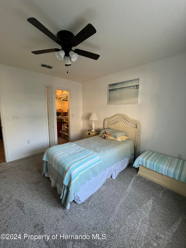 carpeted bedroom with a walk in closet and ceiling fan