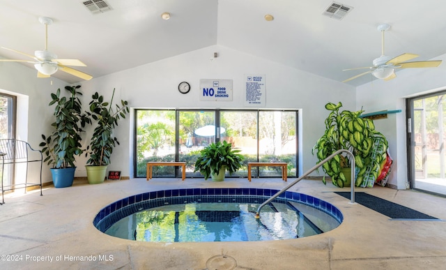 view of swimming pool featuring ceiling fan