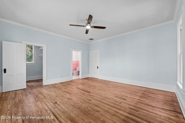 unfurnished bedroom with ceiling fan, hardwood / wood-style flooring, and ornamental molding