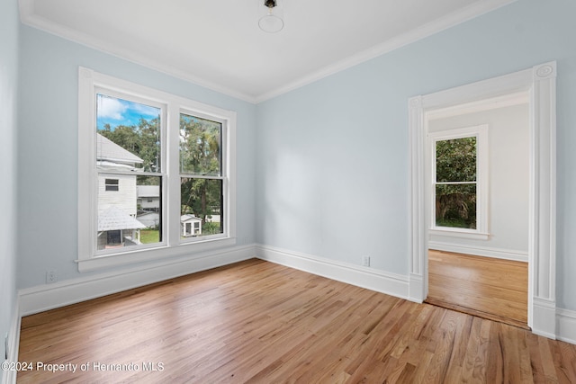 unfurnished room with light wood-type flooring and crown molding