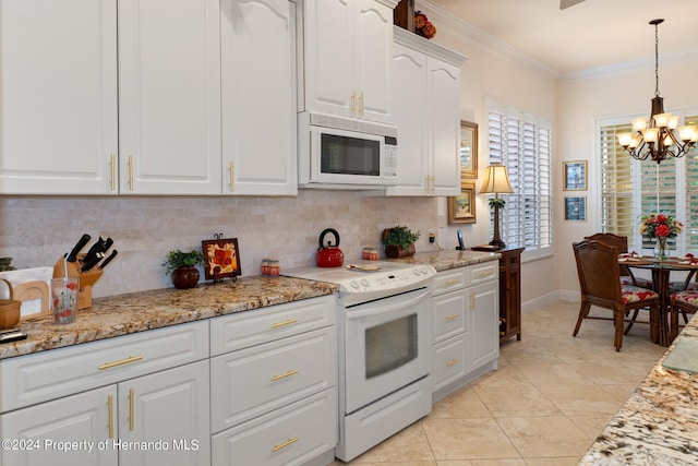 kitchen featuring ornamental molding, white cabinetry, pendant lighting, decorative backsplash, and white appliances