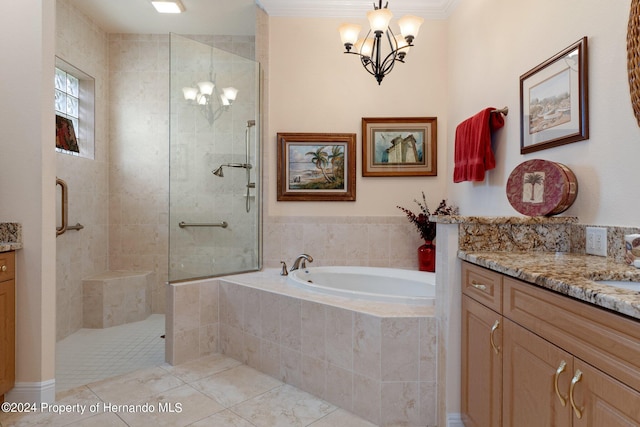 bathroom featuring vanity, crown molding, and plus walk in shower