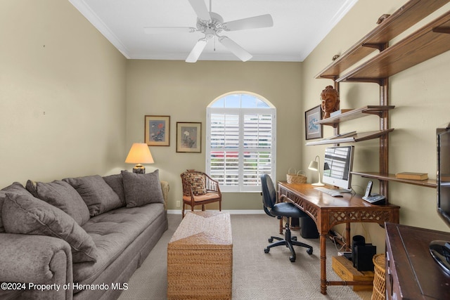 carpeted home office with ceiling fan and ornamental molding