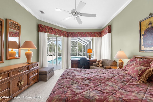 bedroom with access to exterior, light colored carpet, ceiling fan, and crown molding