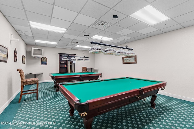 game room with a drop ceiling, pool table, and carpet floors