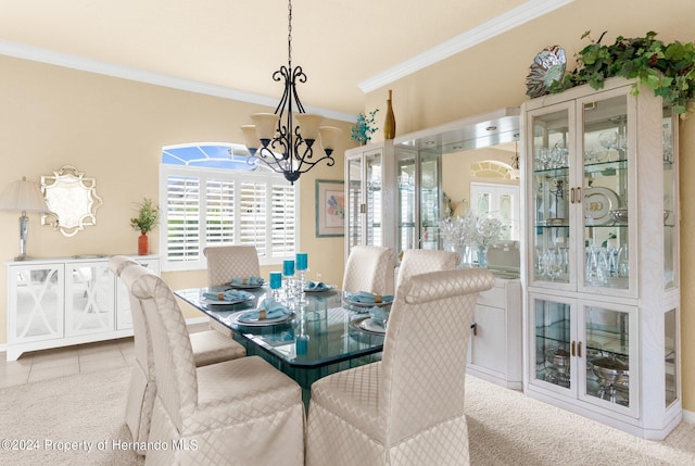 tiled dining room featuring ornamental molding and a notable chandelier