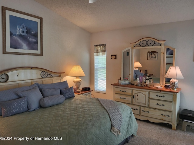 bedroom featuring a textured ceiling and light carpet