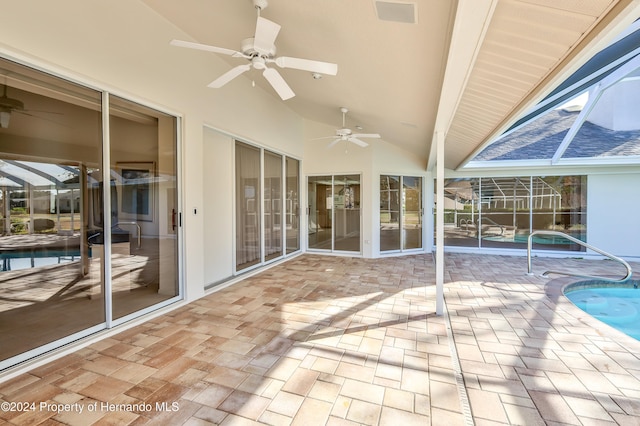 exterior space featuring ceiling fan and a lanai