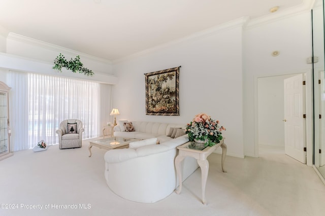 carpeted living room with ornamental molding