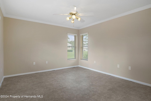 unfurnished room featuring ceiling fan, carpet flooring, and crown molding