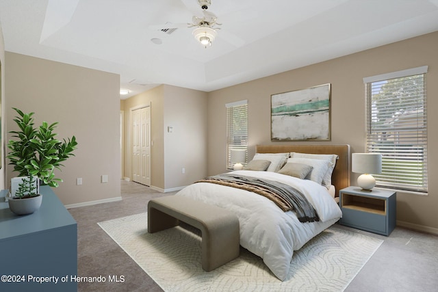 carpeted bedroom featuring ceiling fan, a closet, and a raised ceiling