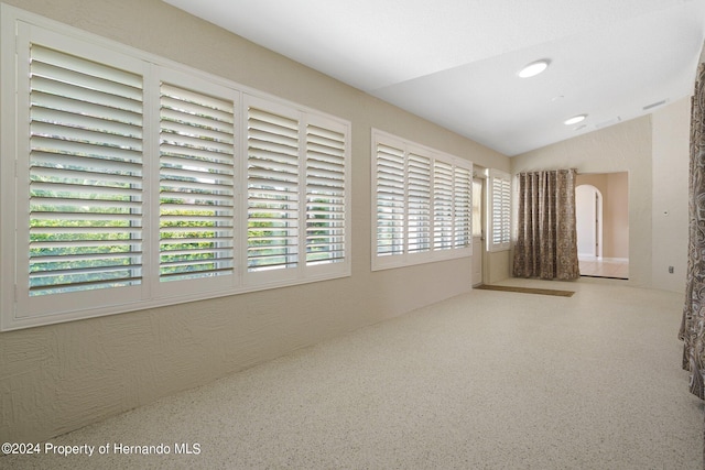 unfurnished room featuring a wealth of natural light and vaulted ceiling