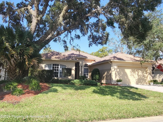 view of front of property featuring a front yard and a garage