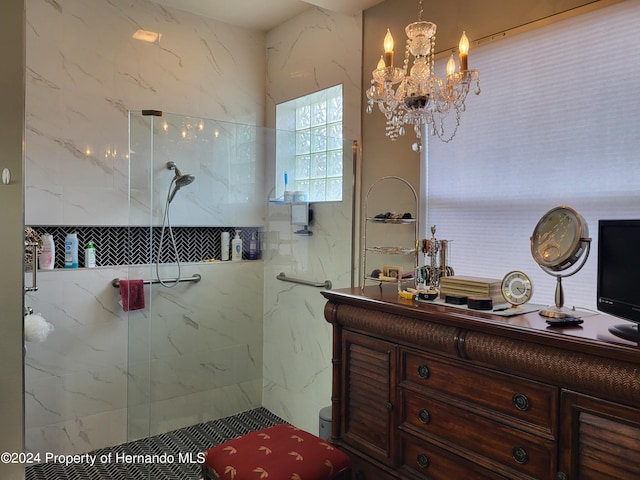 bathroom featuring walk in shower and a notable chandelier