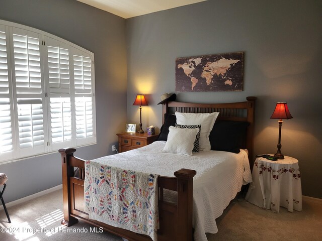 bedroom featuring light colored carpet