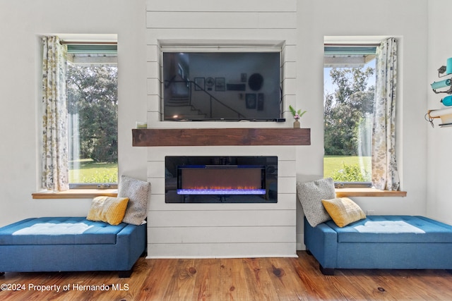 living area with hardwood / wood-style floors