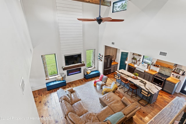 living room with a high ceiling, wood-type flooring, and ceiling fan