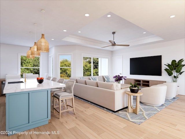 living room featuring light hardwood / wood-style flooring, sink, and a tray ceiling