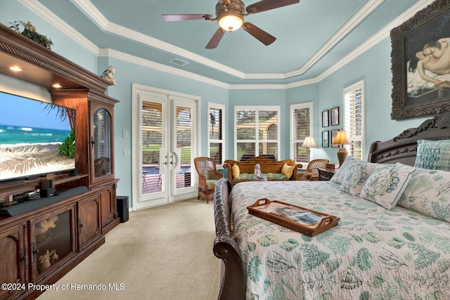 bedroom with ceiling fan, multiple windows, crown molding, and access to outside