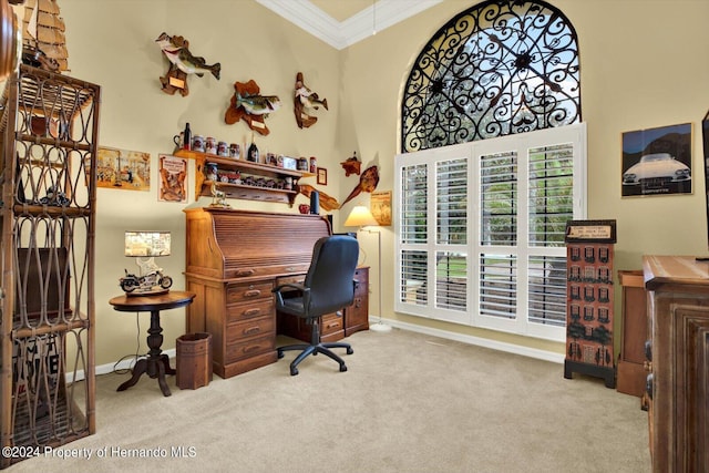 office with a towering ceiling, light colored carpet, and crown molding