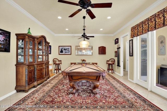 rec room featuring light tile patterned flooring, ceiling fan, billiards, and crown molding