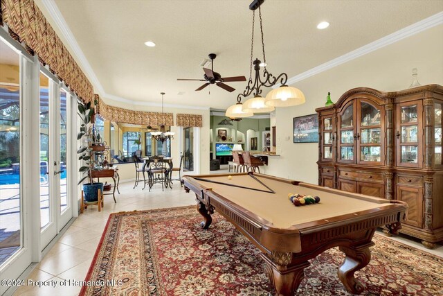 rec room featuring pool table, french doors, light tile patterned floors, ceiling fan, and crown molding