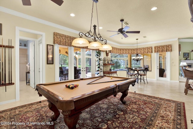 game room featuring pool table, french doors, ceiling fan, and ornamental molding